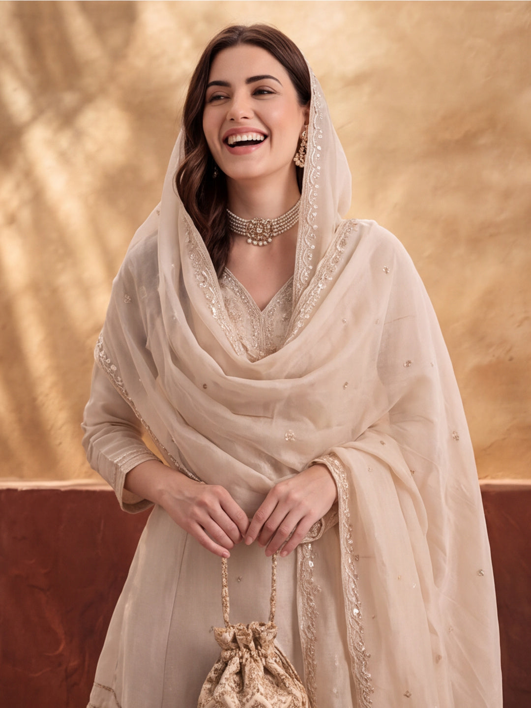 Women's Cream Embroidered Kurta Sharara Set with Dupatta | Festive Ethnic Party Wear Suit