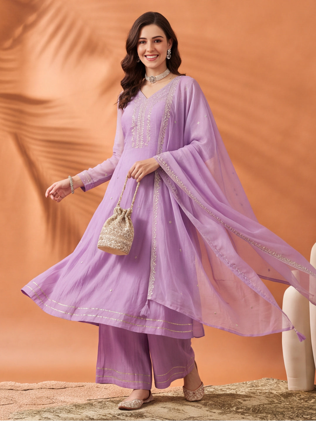 Women's Lavender Embroidered Kurta Sharara Set with Dupatta | Festive Ethnic Party Wear Suit