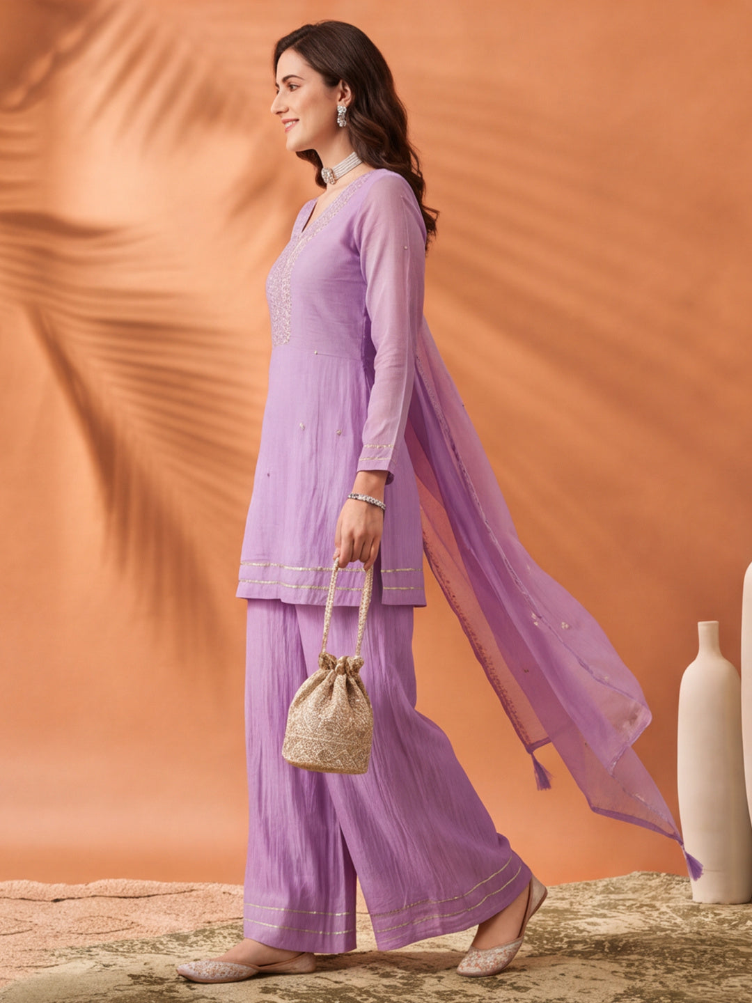 Women's Lavender Embroidered Kurta Sharara Set with Dupatta | Festive Ethnic Party Wear Suit