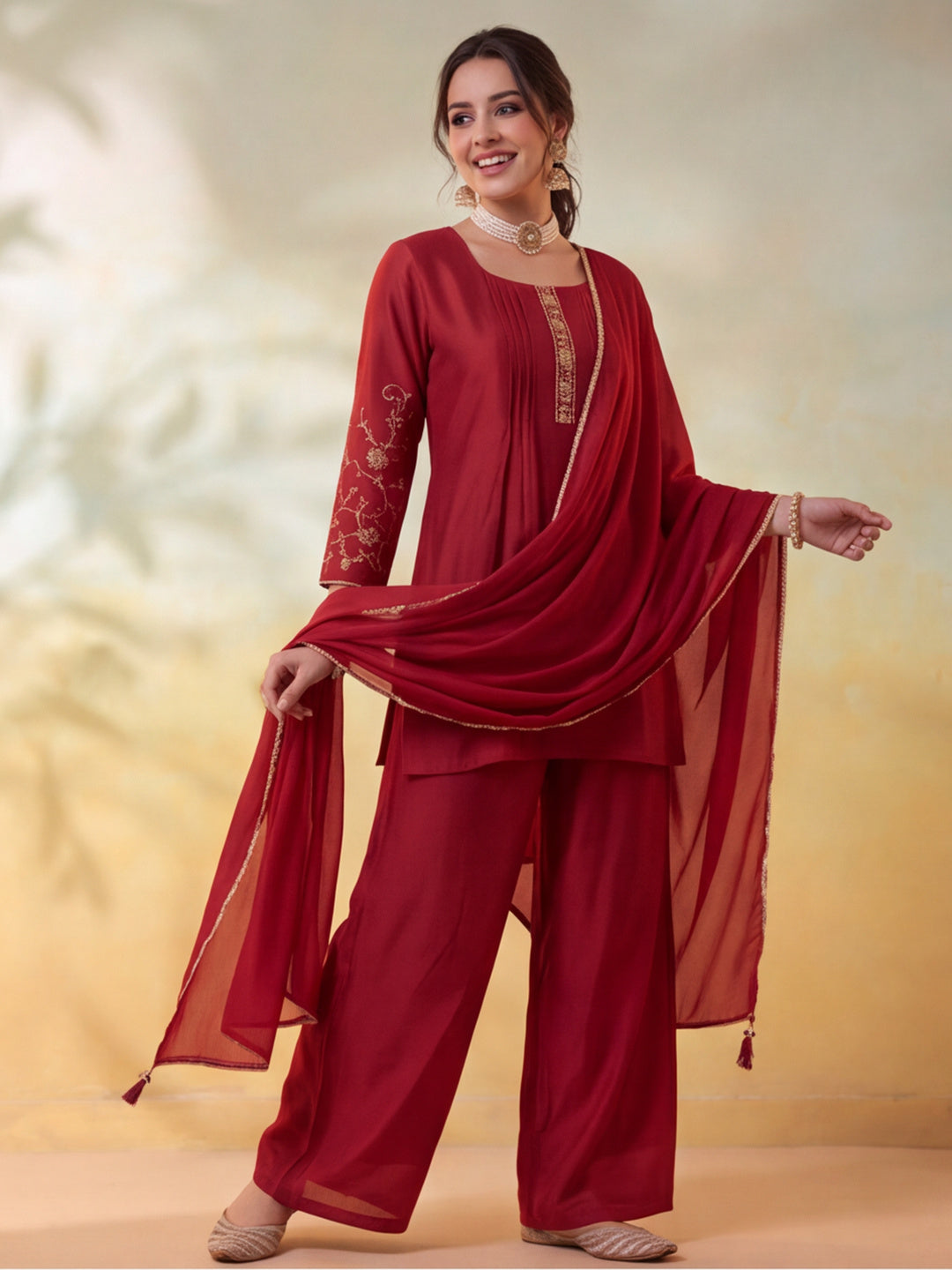 Women Embroidery Rust Kurta Set with Dupatta
