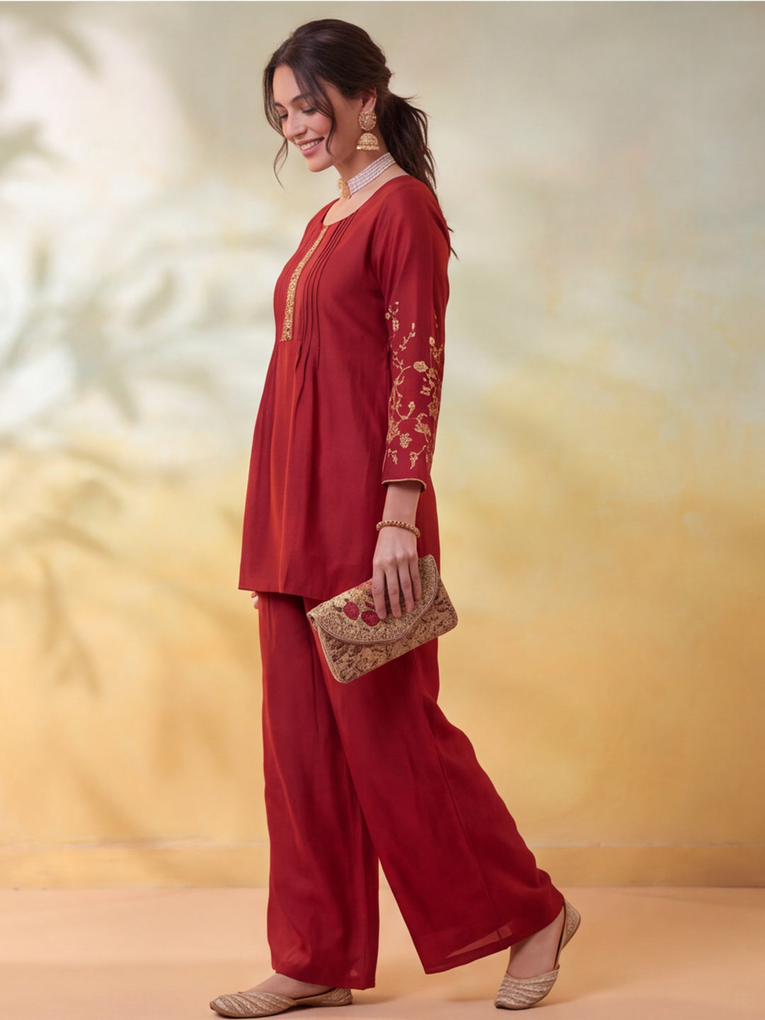 Women Embroidery Rust Kurta Set with Dupatta