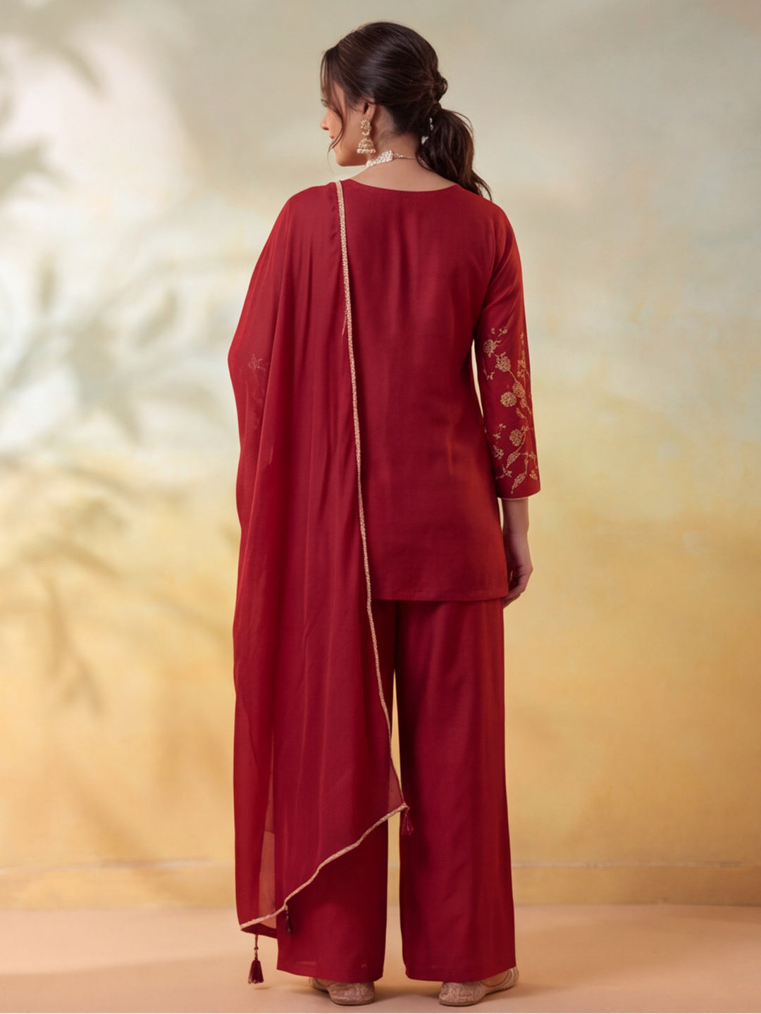 Women Embroidery Rust Kurta Set with Dupatta