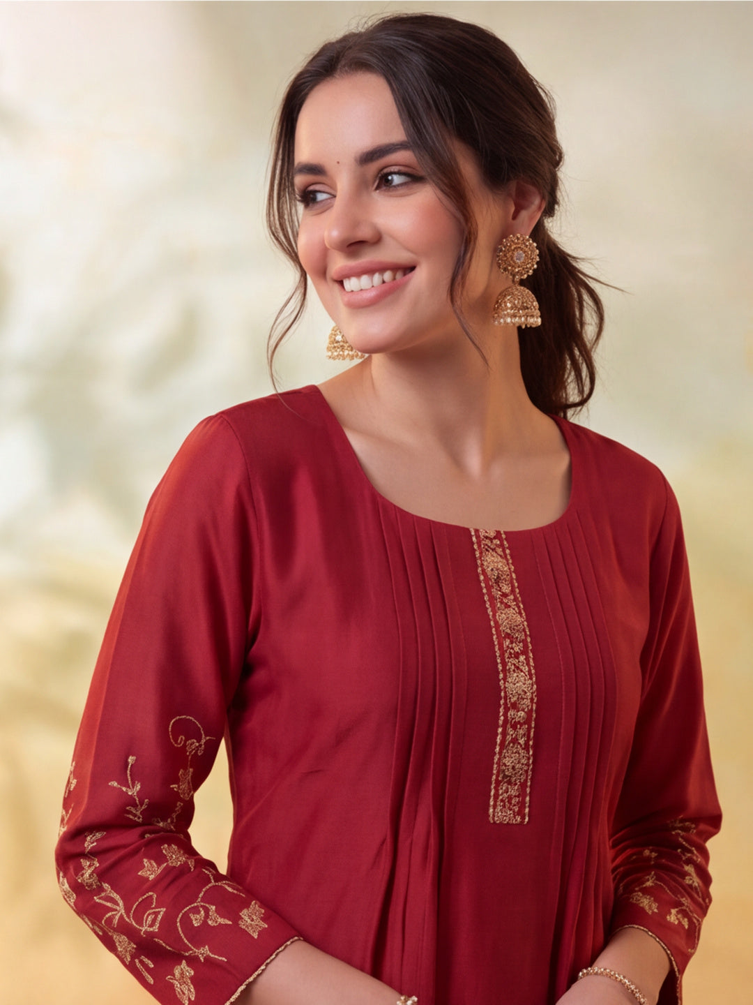 Women Embroidery Rust Kurta Set with Dupatta