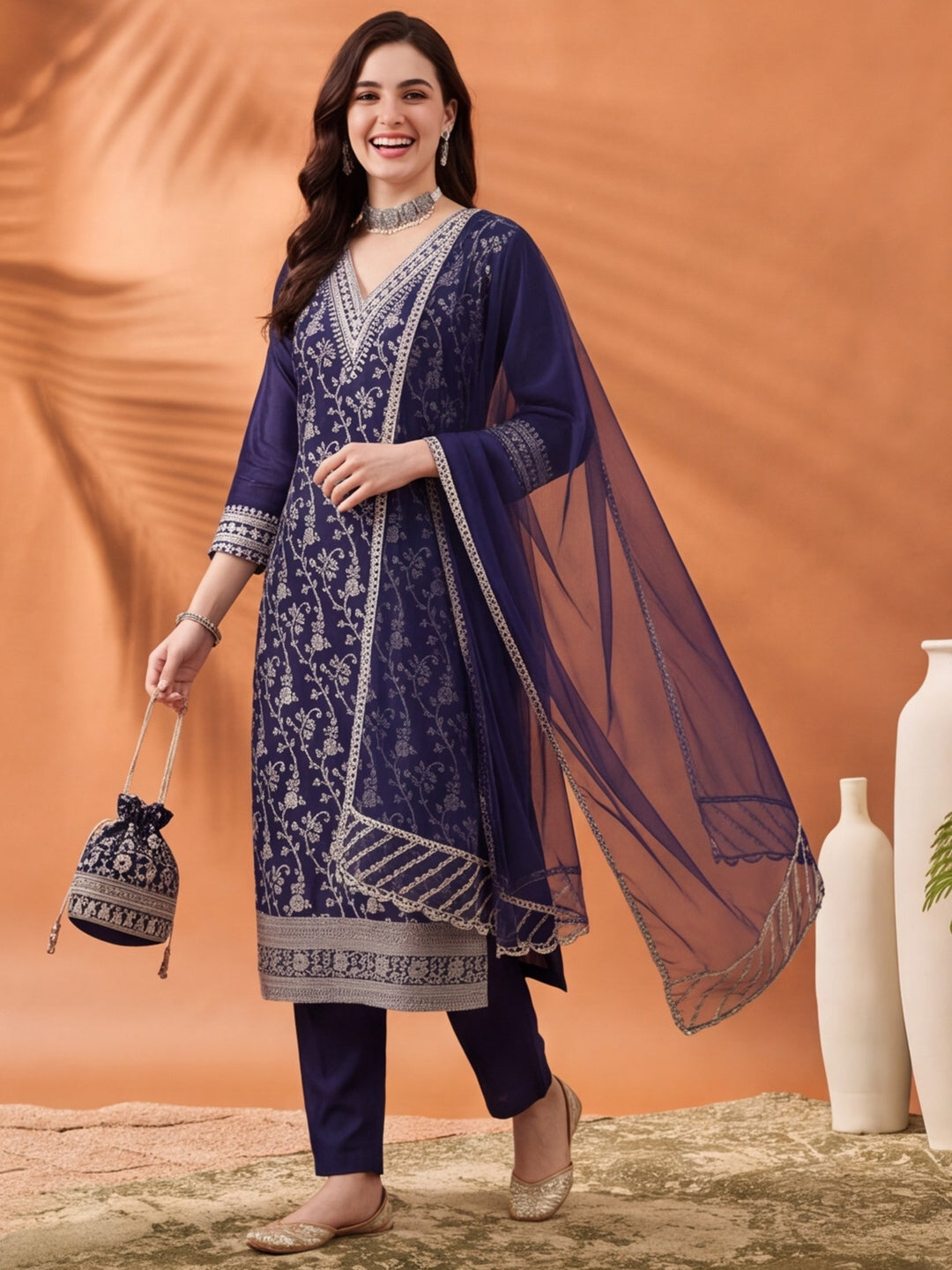 Women's Navy Blue Heavy Zari Weaving Kurta Set with Dupatta | Festive Ethnic Straight Suit