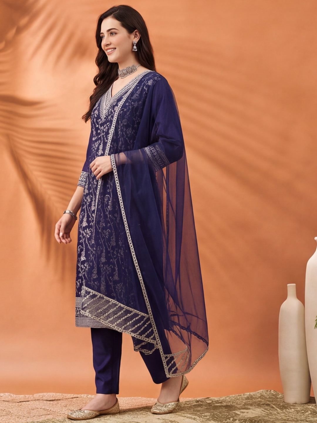 Women's Navy Blue Heavy Zari Weaving Kurta Set with Dupatta | Festive Ethnic Straight Suit