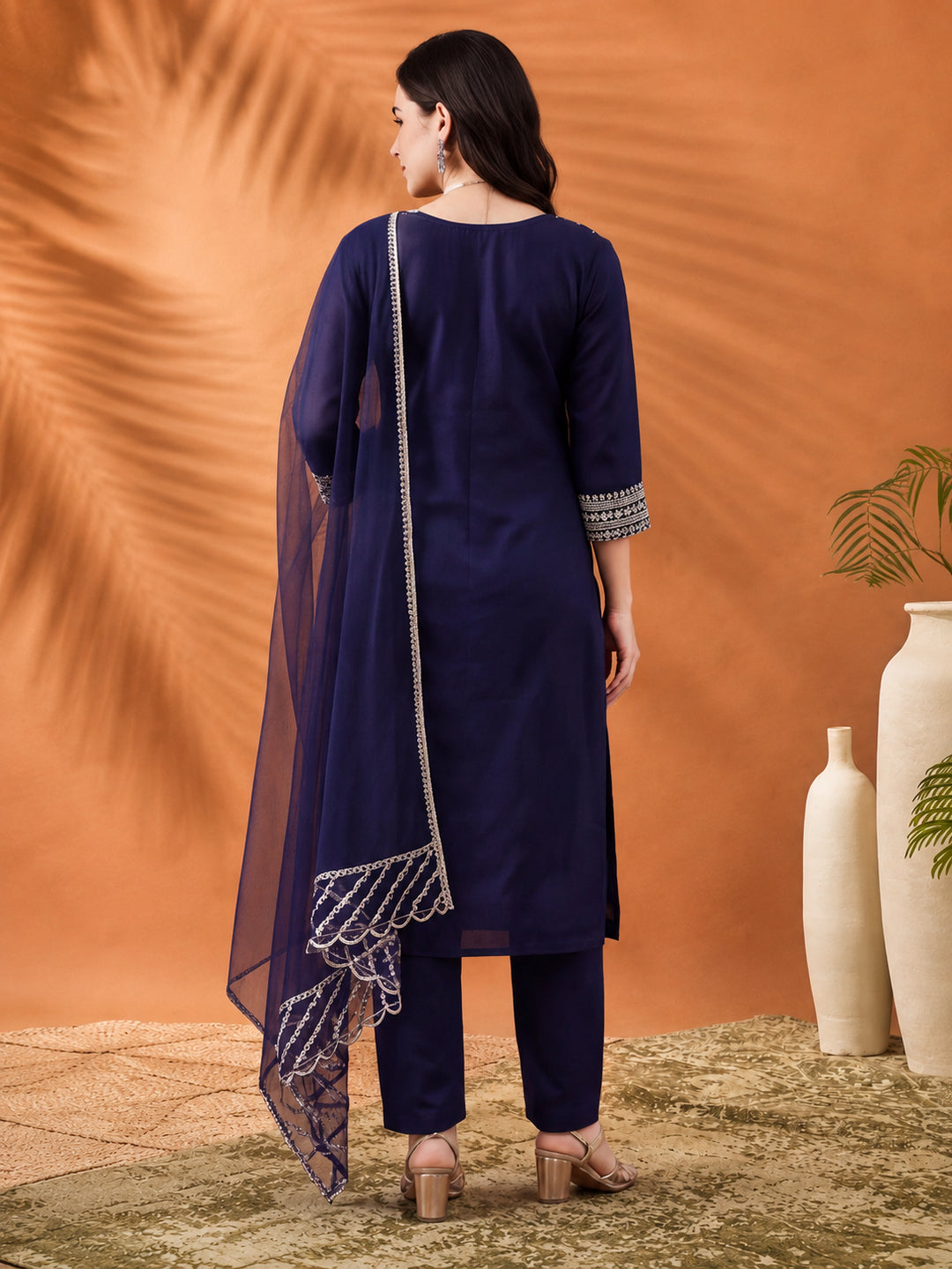 Women's Navy Blue Heavy Zari Weaving Kurta Set with Dupatta | Festive Ethnic Straight Suit