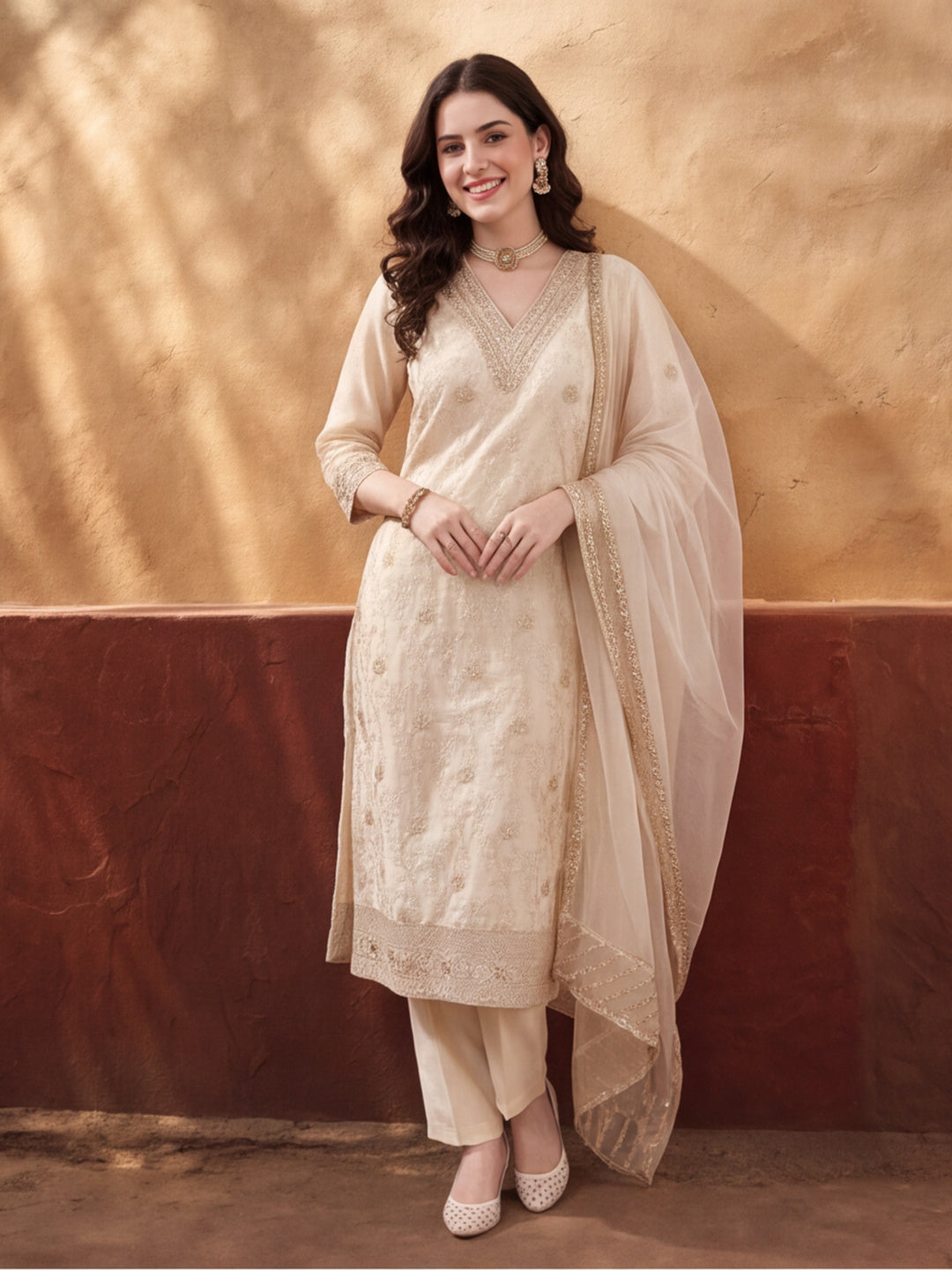 Women's Off White Heavy Zari Weaving Kurta Set with Dupatta | Festive Ethnic Straight Suit