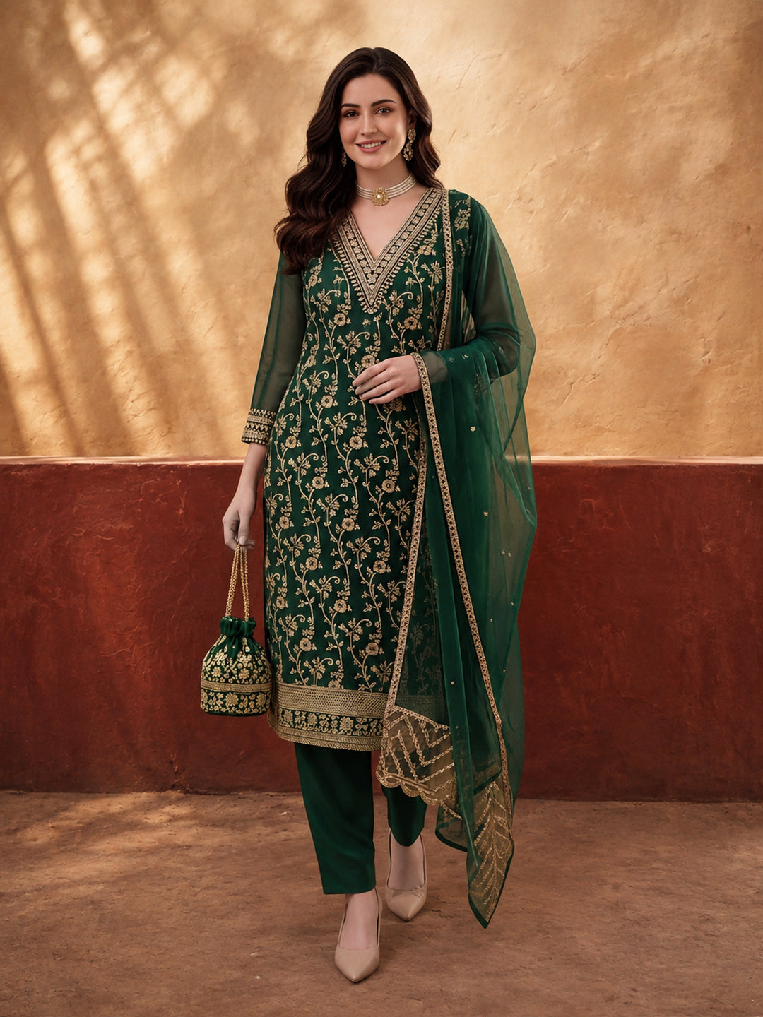 Women's Green Heavy Zari Weaving Kurta Set with Dupatta | Festive Ethnic Straight Suit