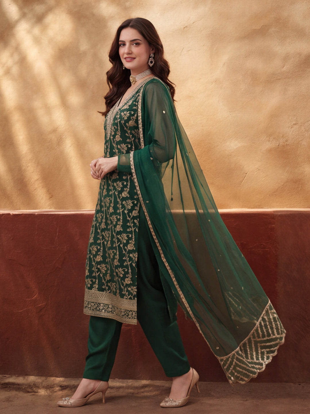 Women's Green Heavy Zari Weaving Kurta Set with Dupatta | Festive Ethnic Straight Suit
