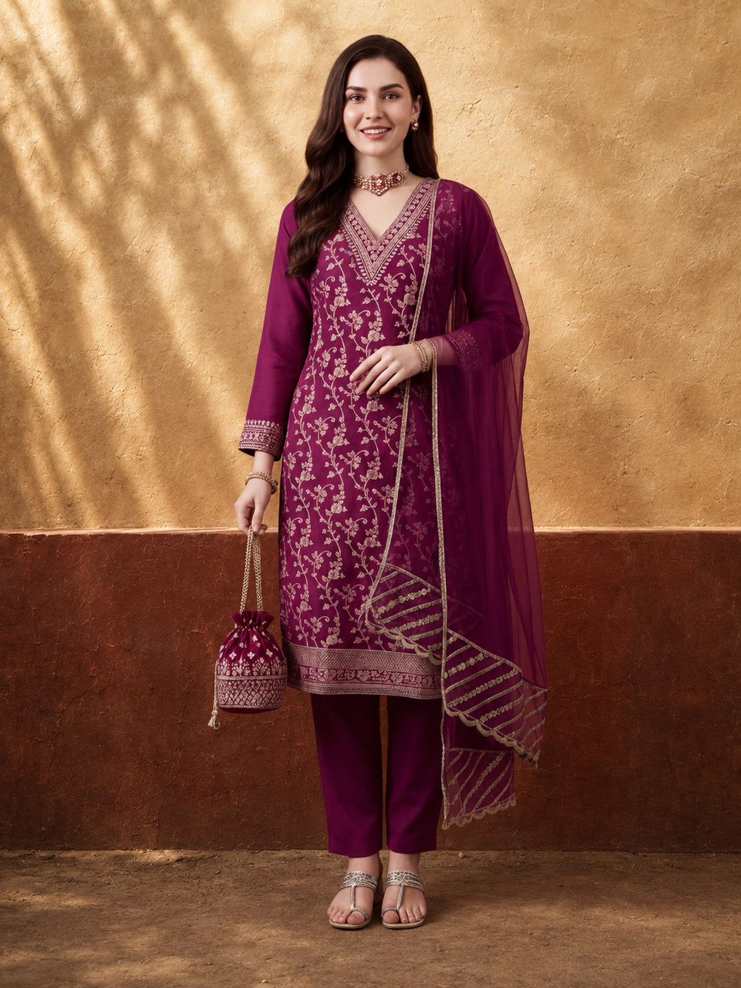 Women's Magenta Heavy Zari Weaving Kurta Set with Dupatta | Festive Ethnic Straight Suit