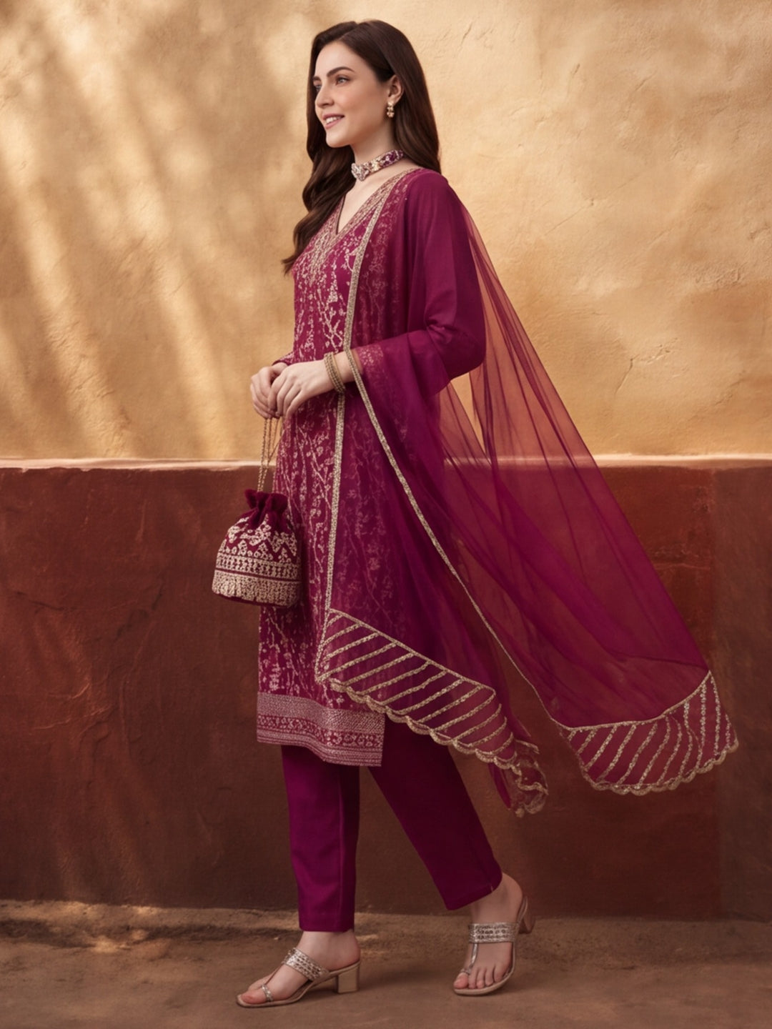 Women's Magenta Heavy Zari Weaving Kurta Set with Dupatta | Festive Ethnic Straight Suit