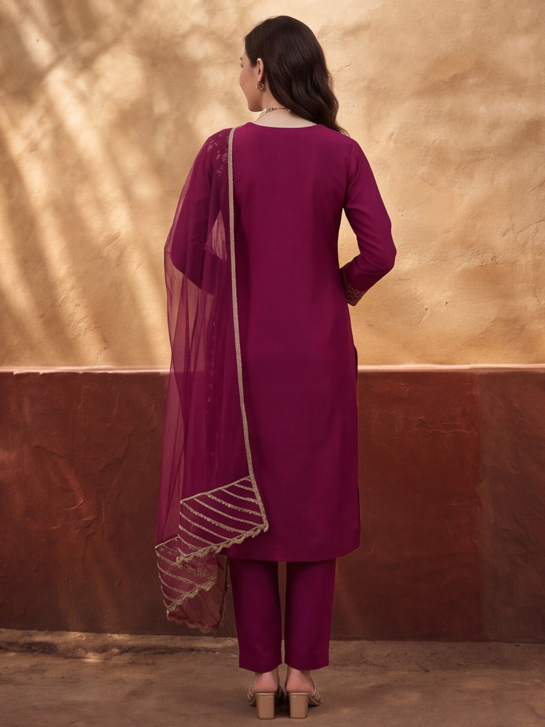 Women's Magenta Heavy Zari Weaving Kurta Set with Dupatta | Festive Ethnic Straight Suit