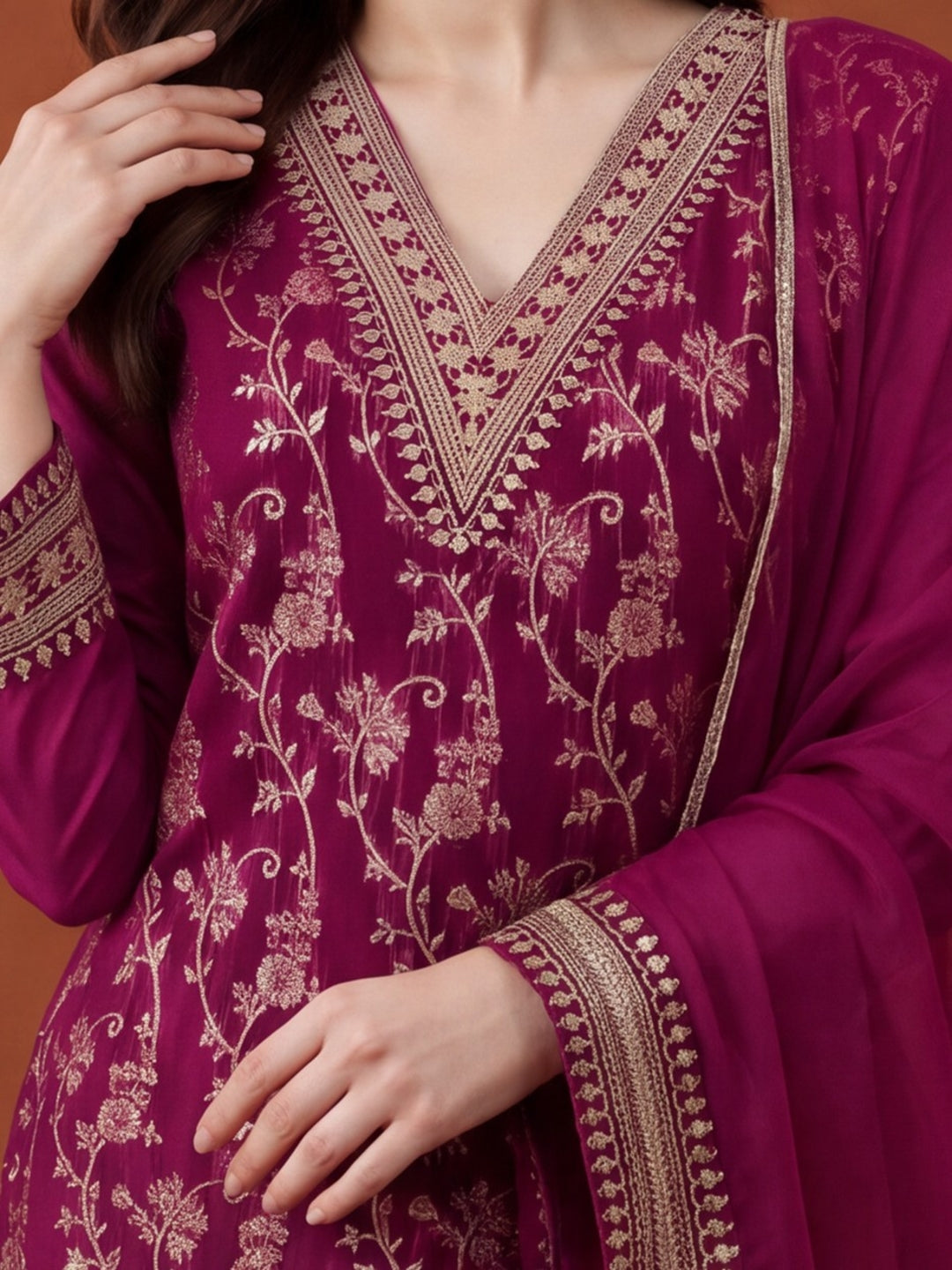 Women's Magenta Heavy Zari Weaving Kurta Set with Dupatta | Festive Ethnic Straight Suit