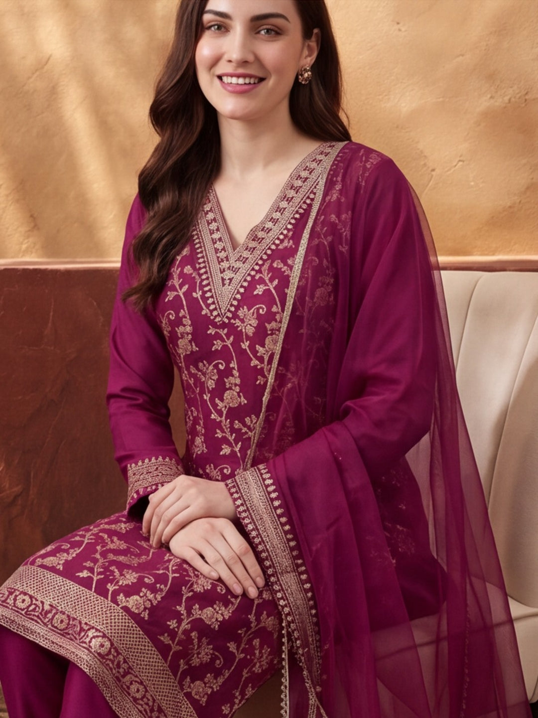 Women's Magenta Heavy Zari Weaving Kurta Set with Dupatta | Festive Ethnic Straight Suit