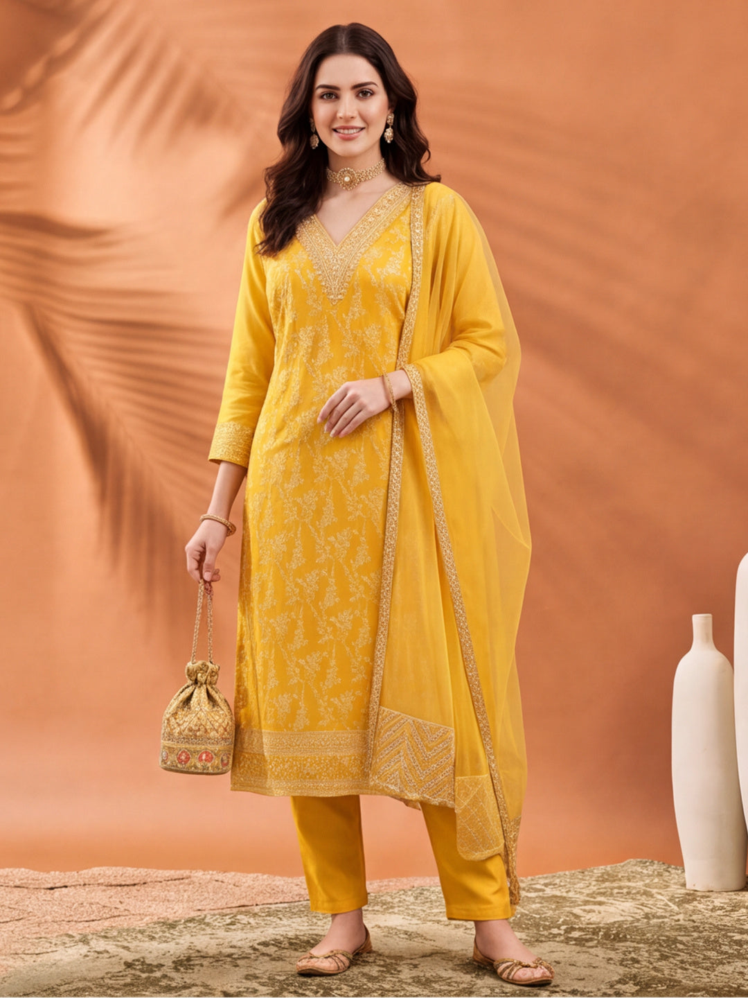 Women's Yellow Heavy Zari Weaving Kurta Set with Dupatta | Festive Ethnic Straight Suit