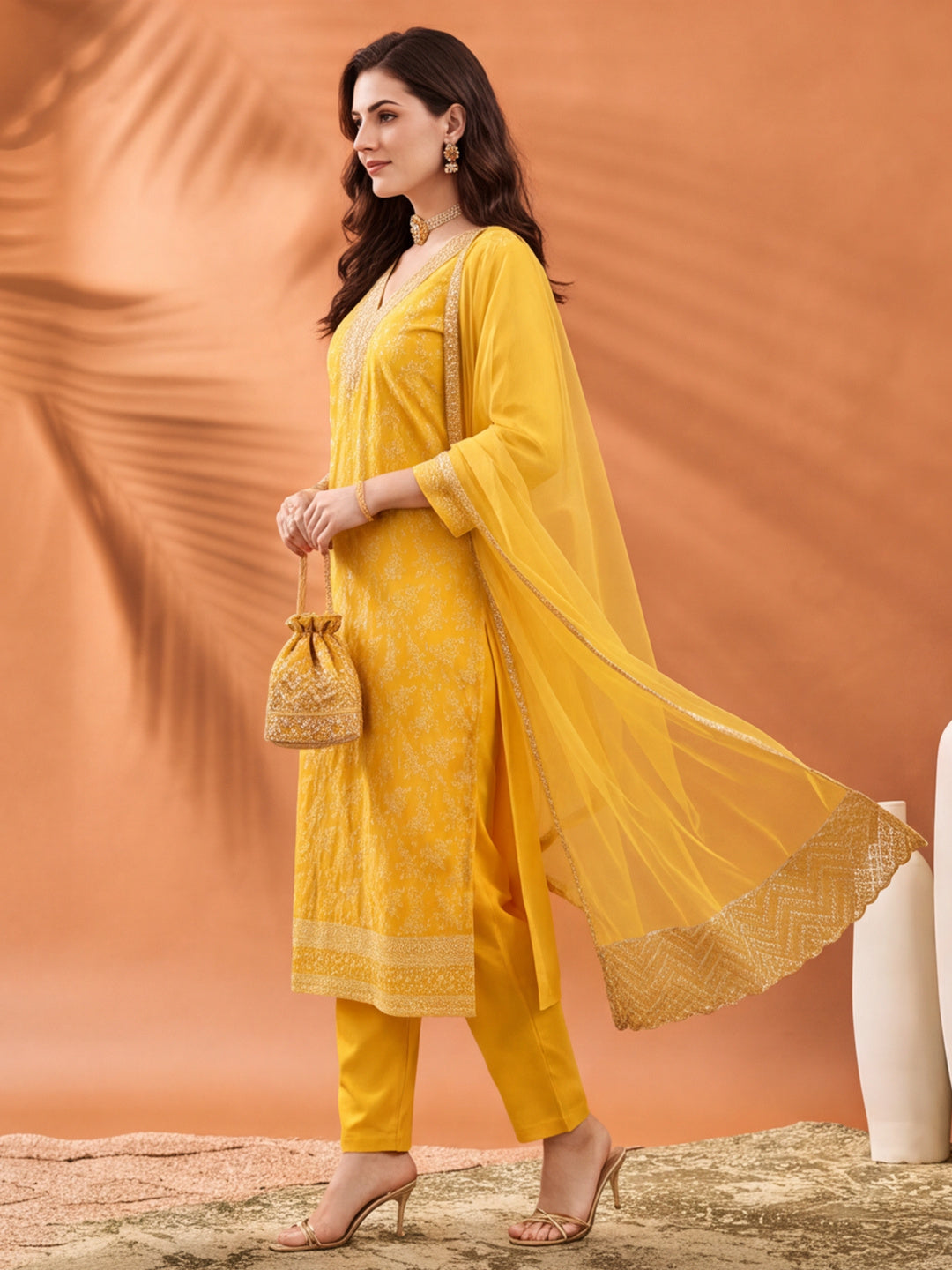 Women's Yellow Heavy Zari Weaving Kurta Set with Dupatta | Festive Ethnic Straight Suit