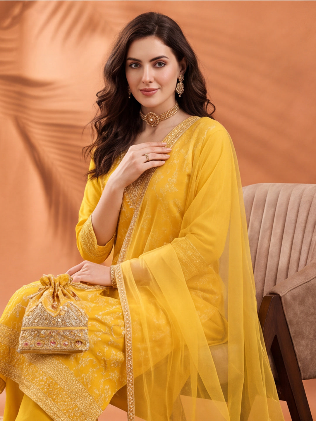 Women's Yellow Heavy Zari Weaving Kurta Set with Dupatta | Festive Ethnic Straight Suit