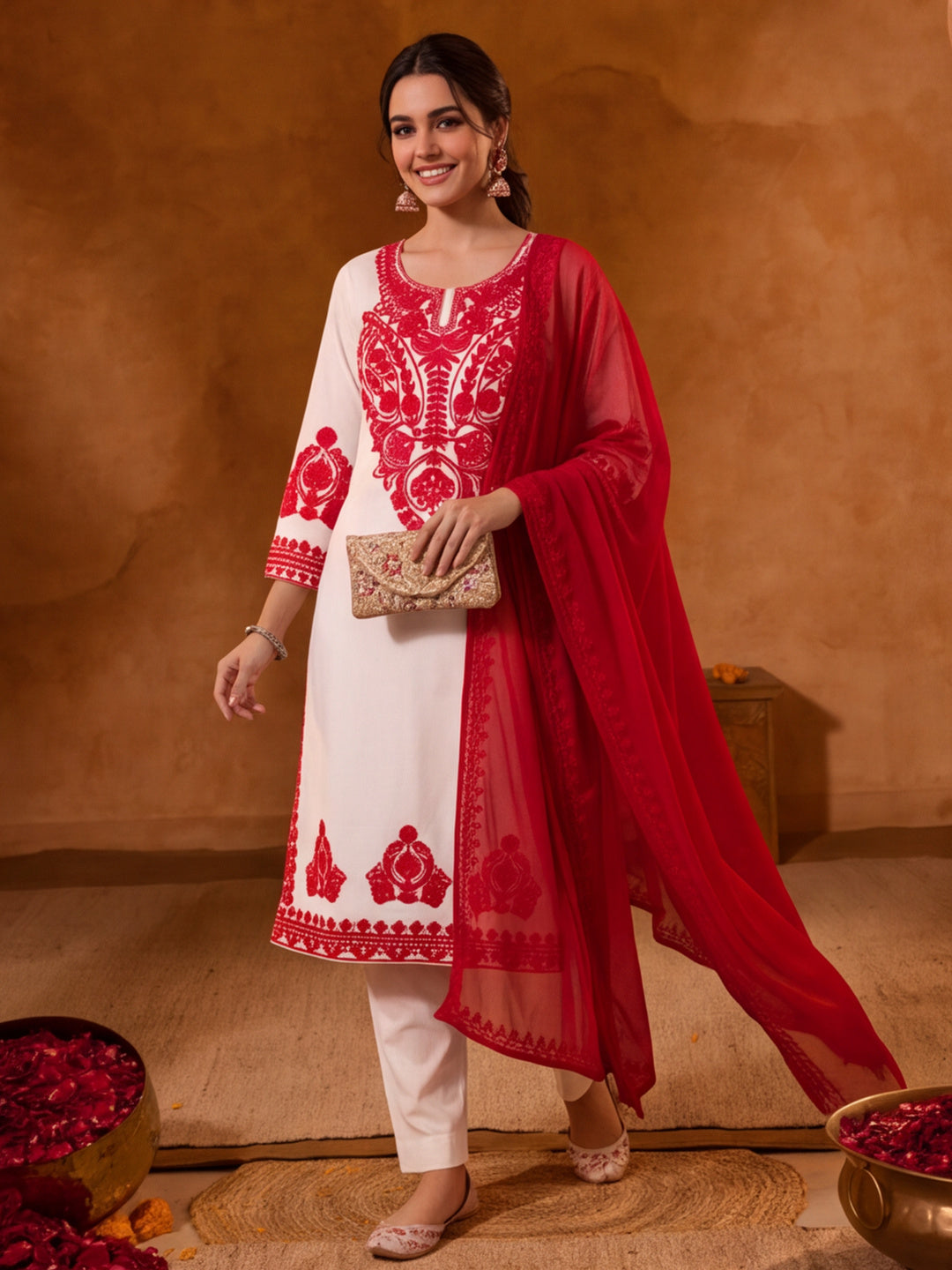 Women Embroidery Off White Kurta Set with Dupatta
