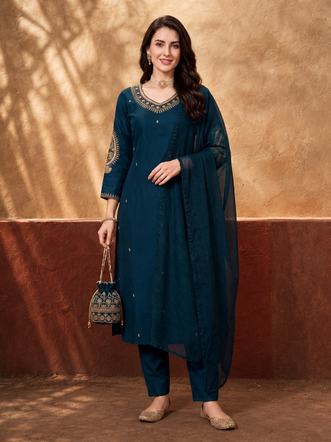 Women's Teal Green Embroidered Kurta Set with Dupatta | Festive Straight Ethnic Suit