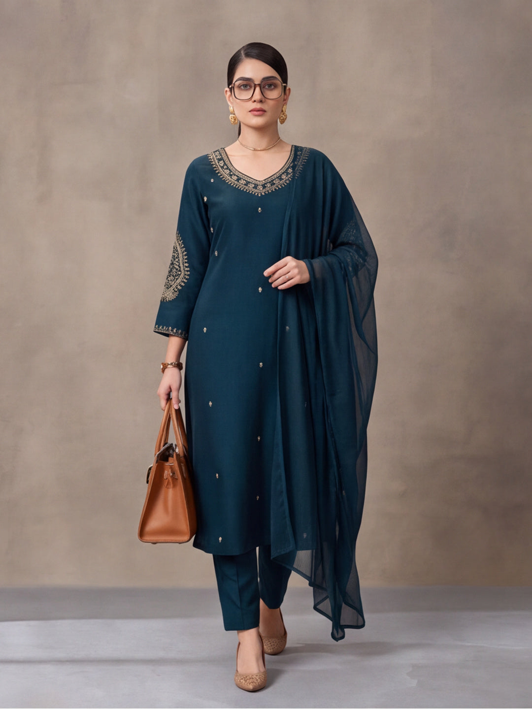 Women's Teal Green Embroidered Kurta Set with Dupatta | Festive Straight Ethnic Suit