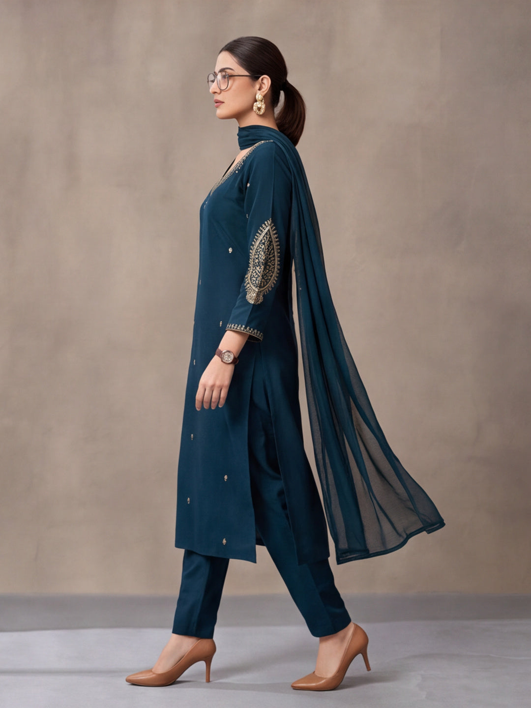 Women's Teal Green Embroidered Kurta Set with Dupatta | Festive Straight Ethnic Suit