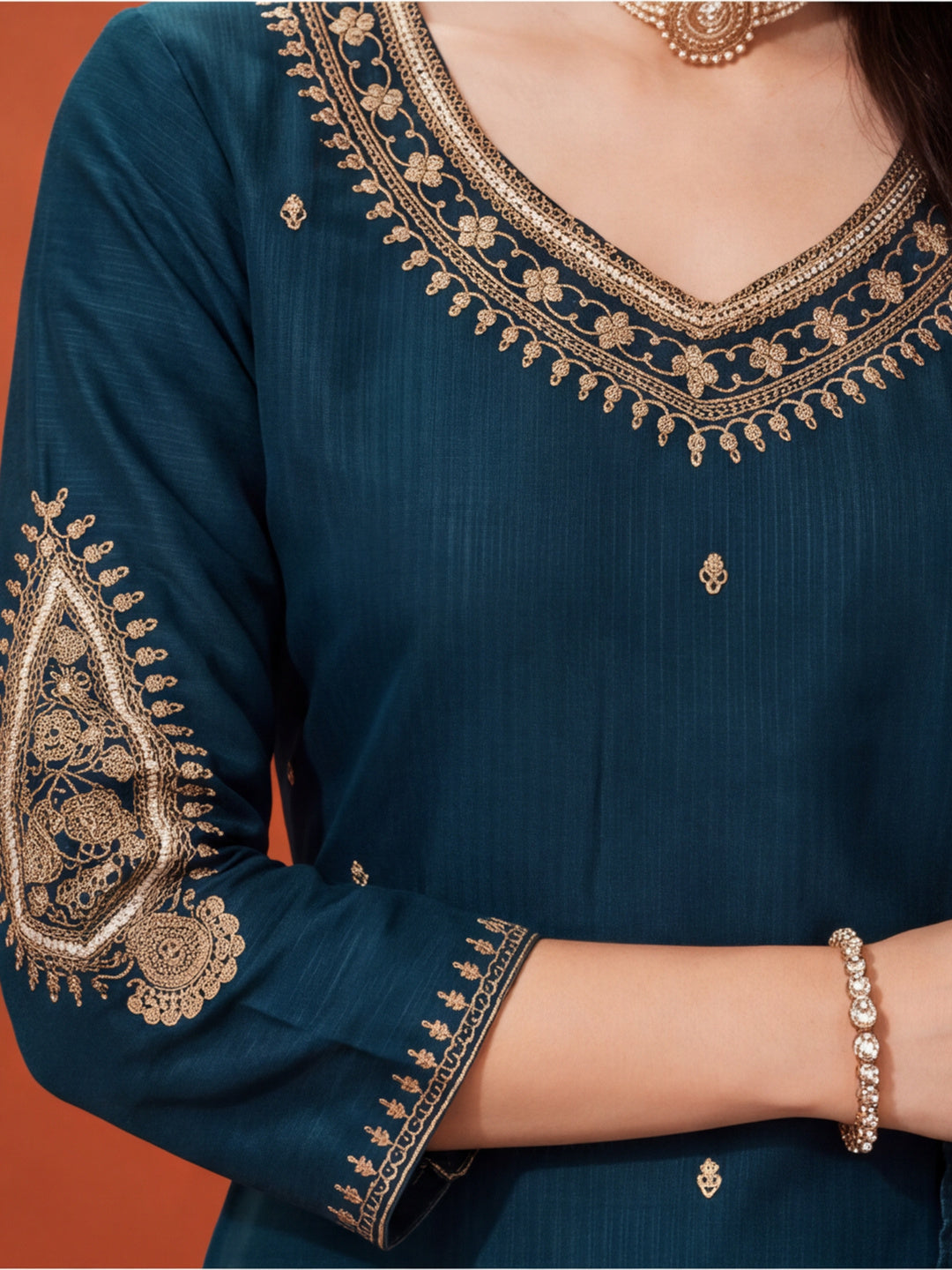 Women's Teal Green Embroidered Kurta Set with Dupatta | Festive Straight Ethnic Suit