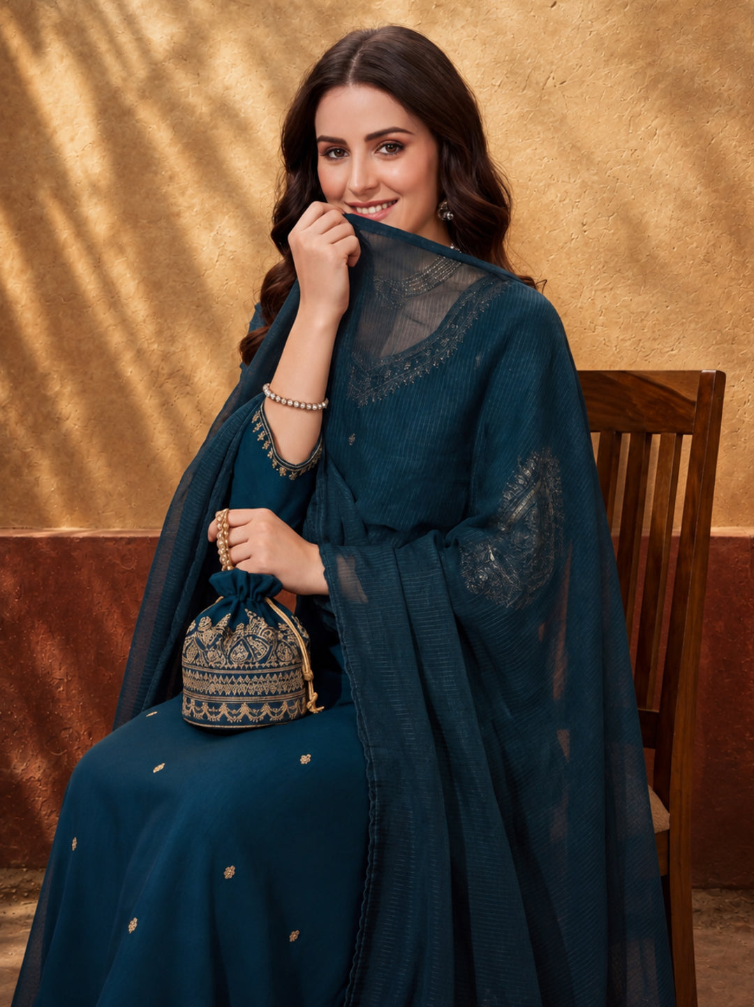 Women's Teal Green Embroidered Kurta Set with Dupatta | Festive Straight Ethnic Suit