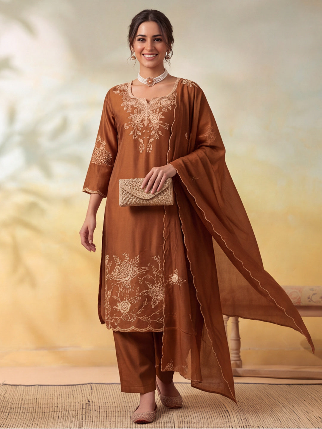 Women Embroidery Mocha Brown Kurta Set with Dupatta