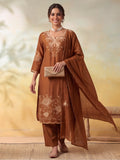 Women Embroidery Mocha Brown Kurta Set with Dupatta