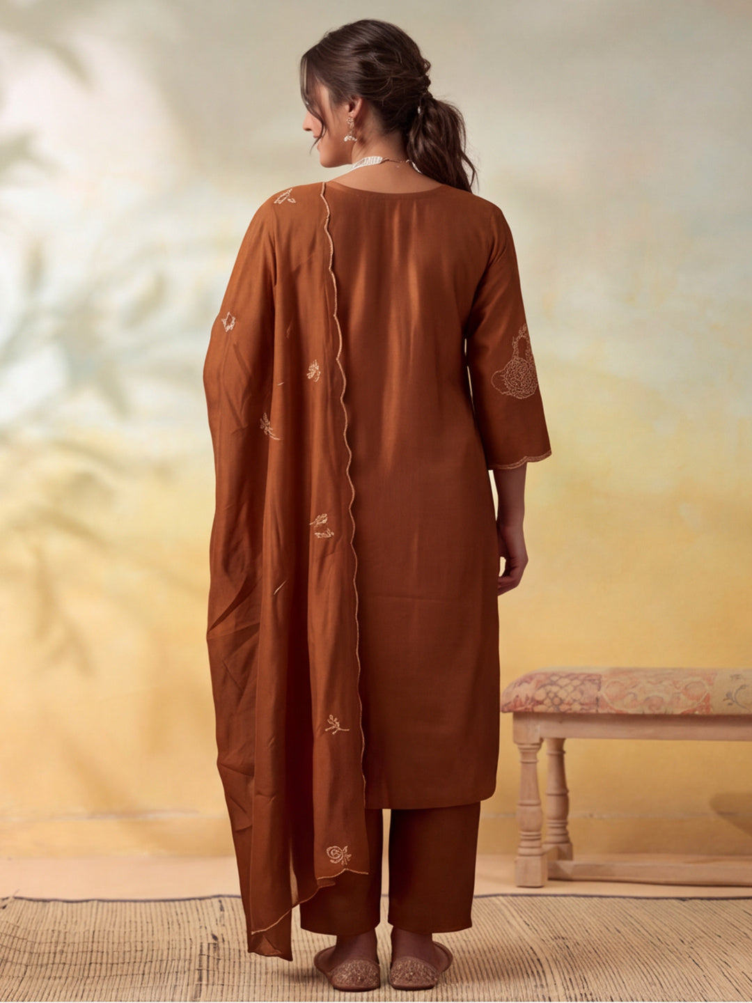 Women Embroidery Mocha Brown Kurta Set with Dupatta