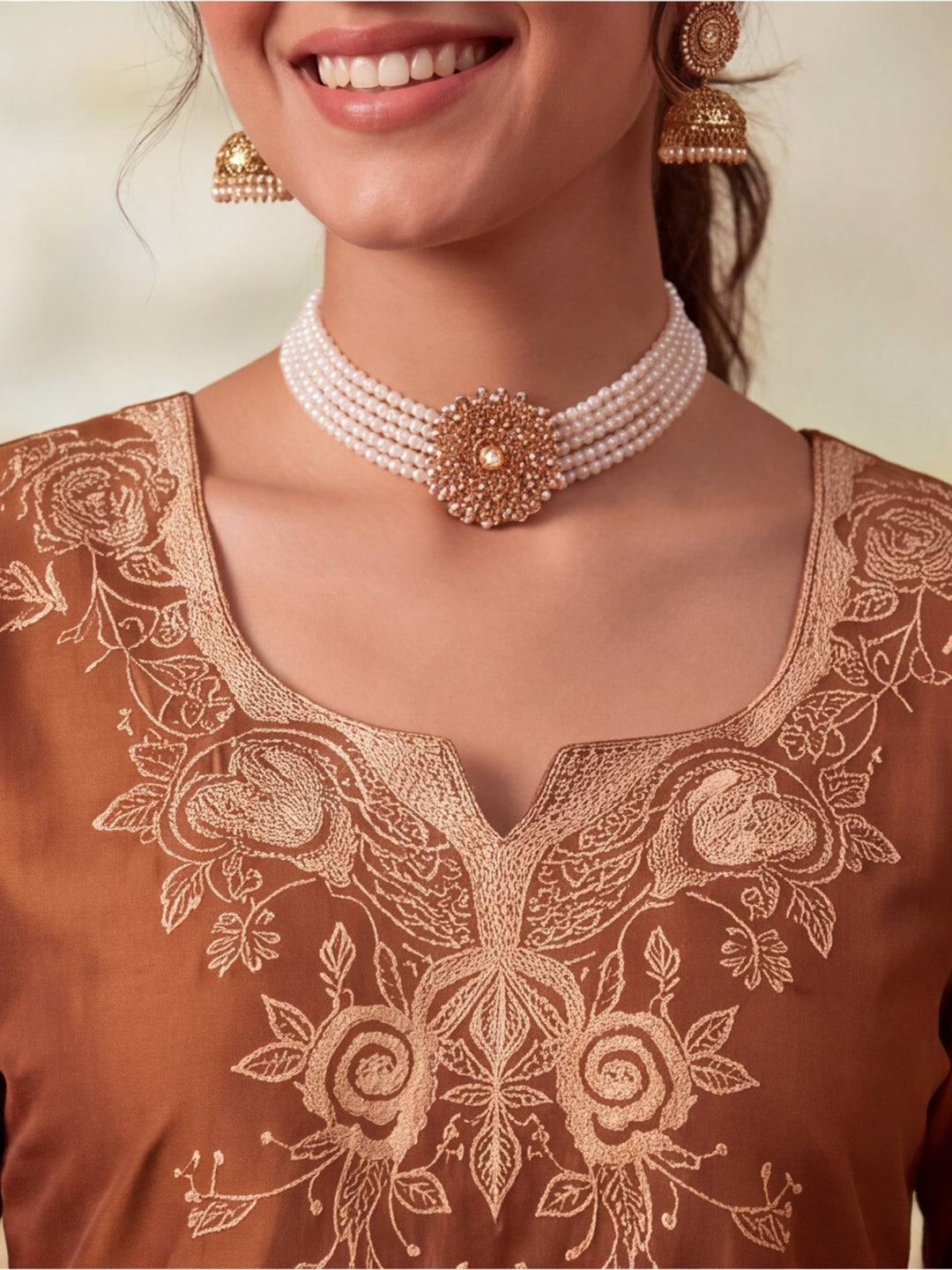 Women Embroidery Mocha Brown Kurta Set with Dupatta