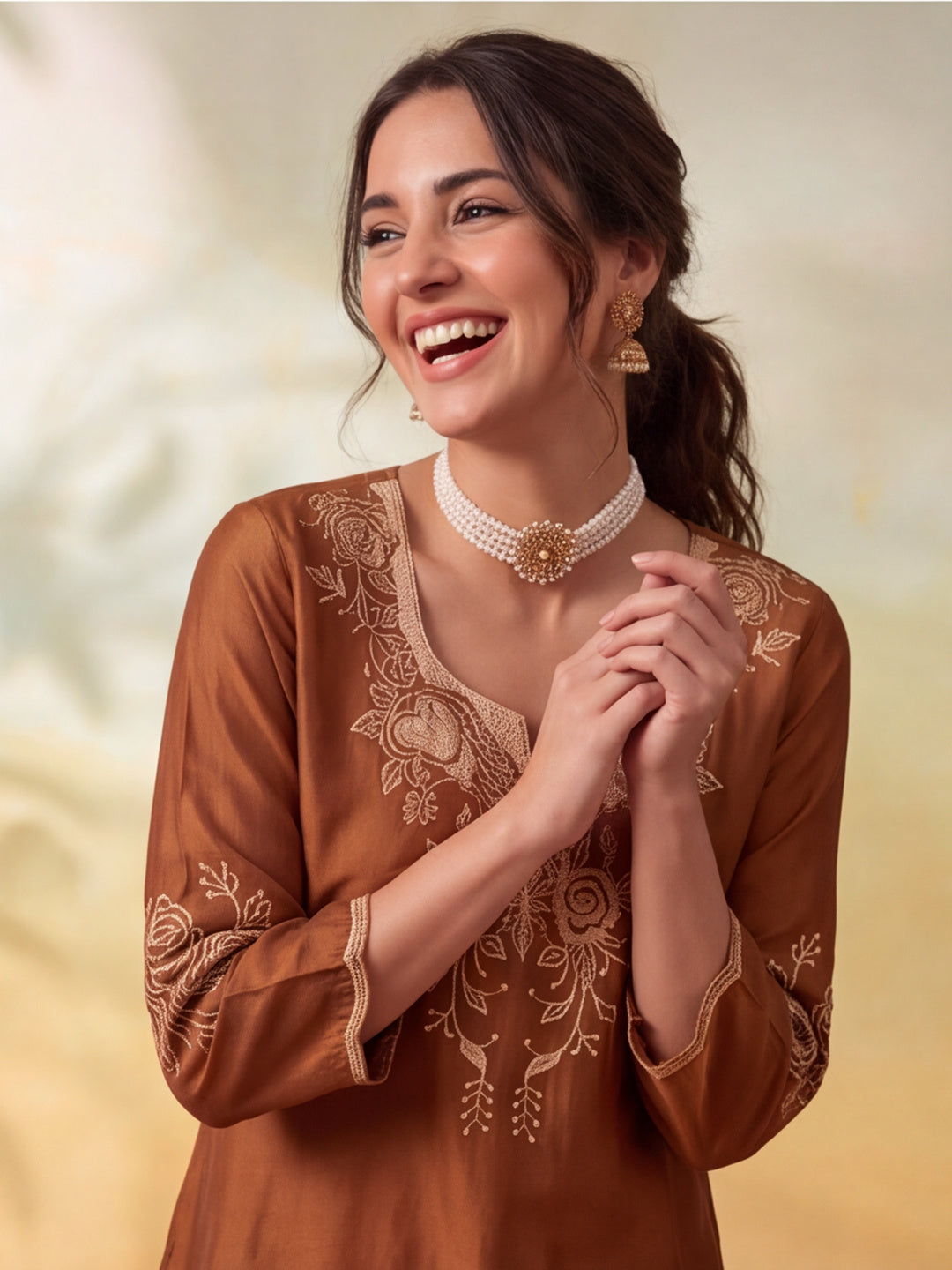 Women Embroidery Mocha Brown Kurta Set with Dupatta