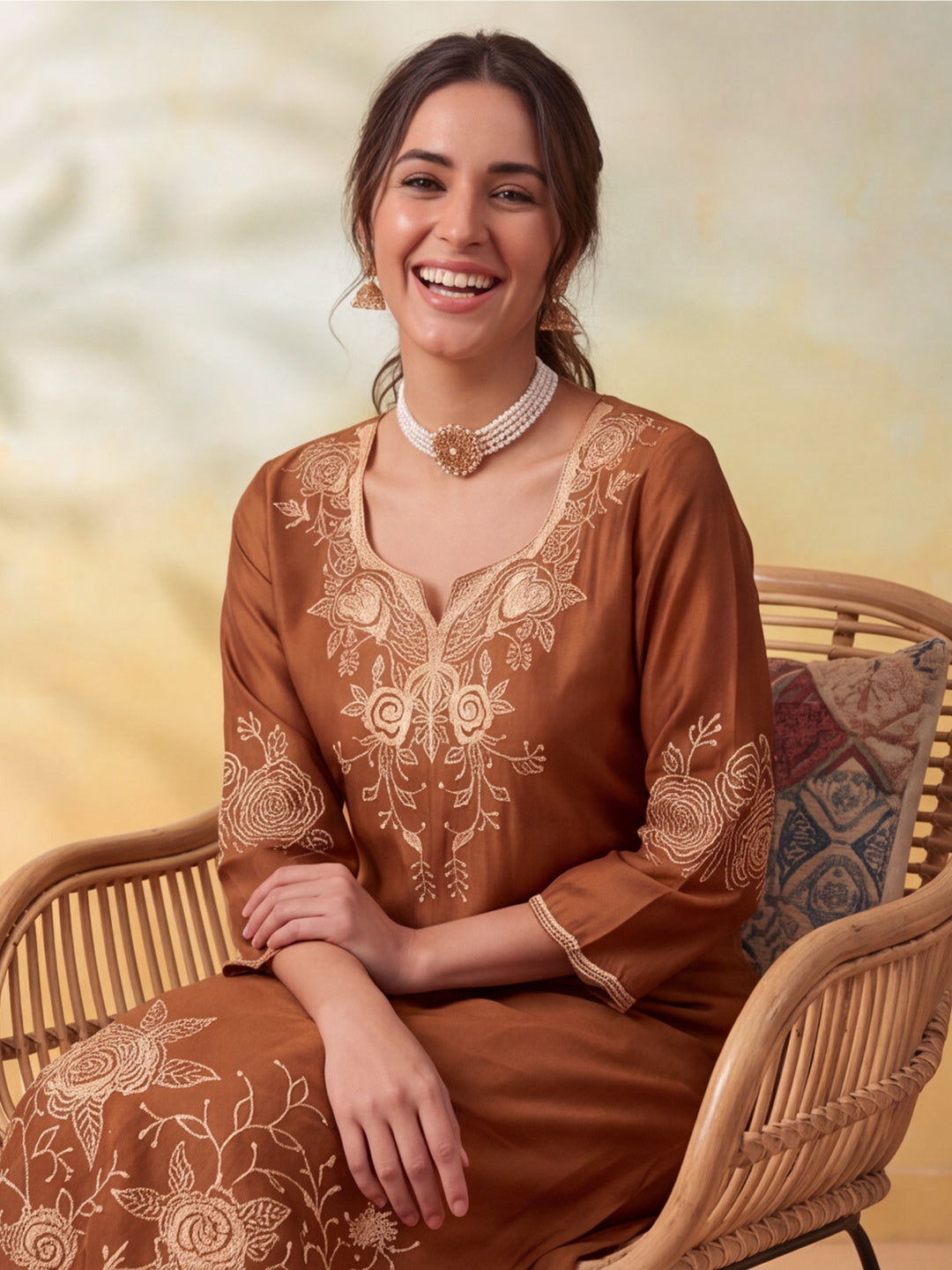 Women Embroidery Mocha Brown Kurta Set with Dupatta
