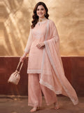 Women's Peach Embroidered Kurta Palazzo Set with Dupatta | Festive Ethnic Party Wear Suit