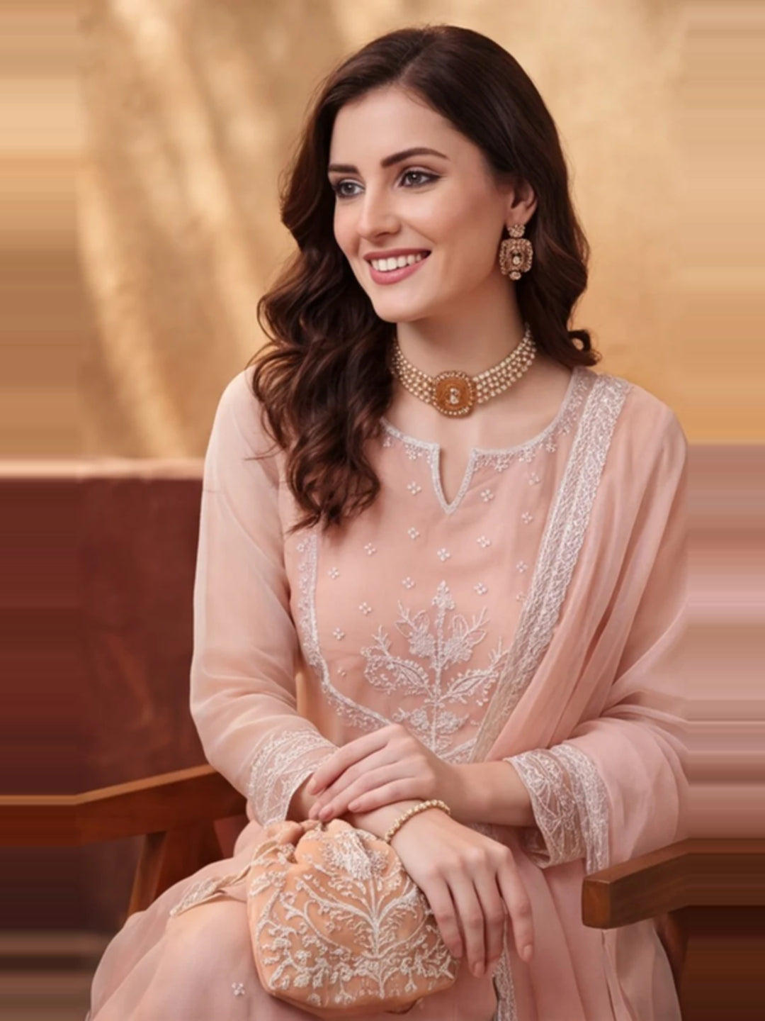 Women's Peach Embroidered Kurta Palazzo Set with Dupatta | Festive Ethnic Party Wear Suit