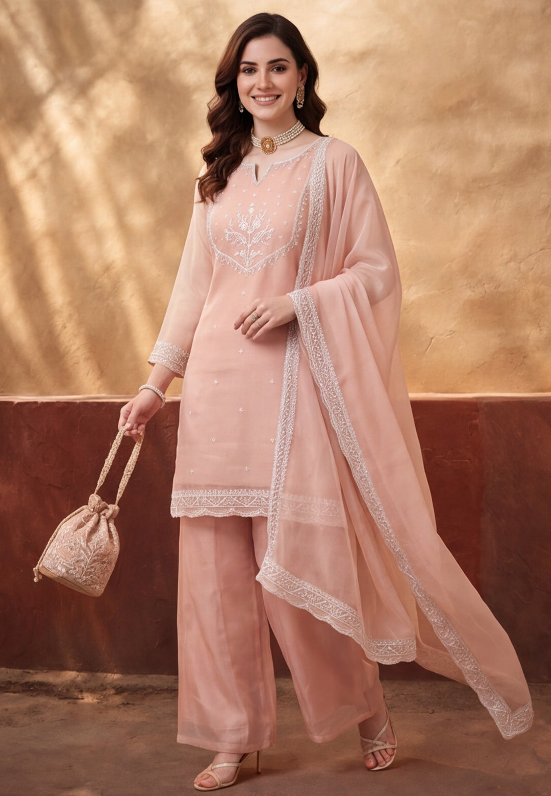 Women's Peach Embroidered Kurta Palazzo Set with Dupatta | Festive Ethnic Party Wear Suit