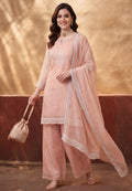Women's Peach Embroidered Kurta Palazzo Set with Dupatta | Festive Ethnic Party Wear Suit