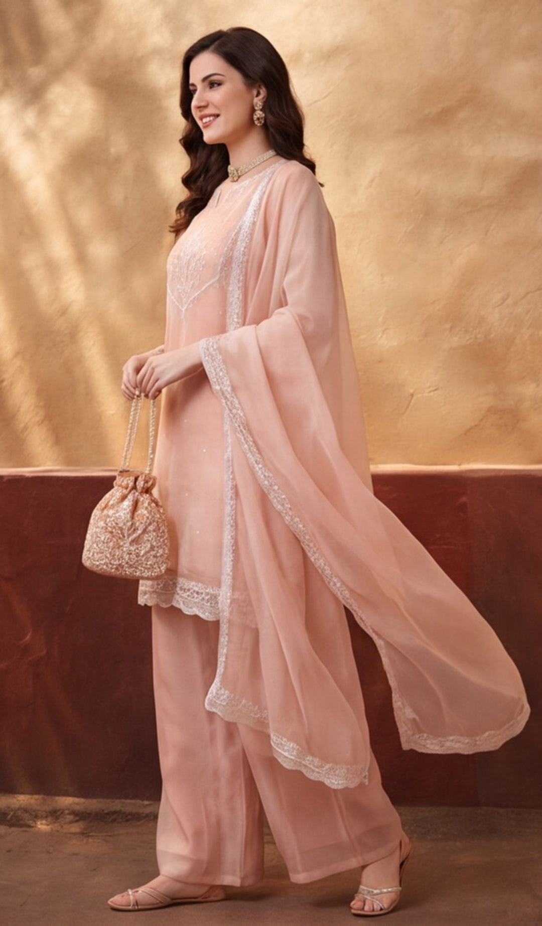 Women's Peach Embroidered Kurta Palazzo Set with Dupatta | Festive Ethnic Party Wear Suit