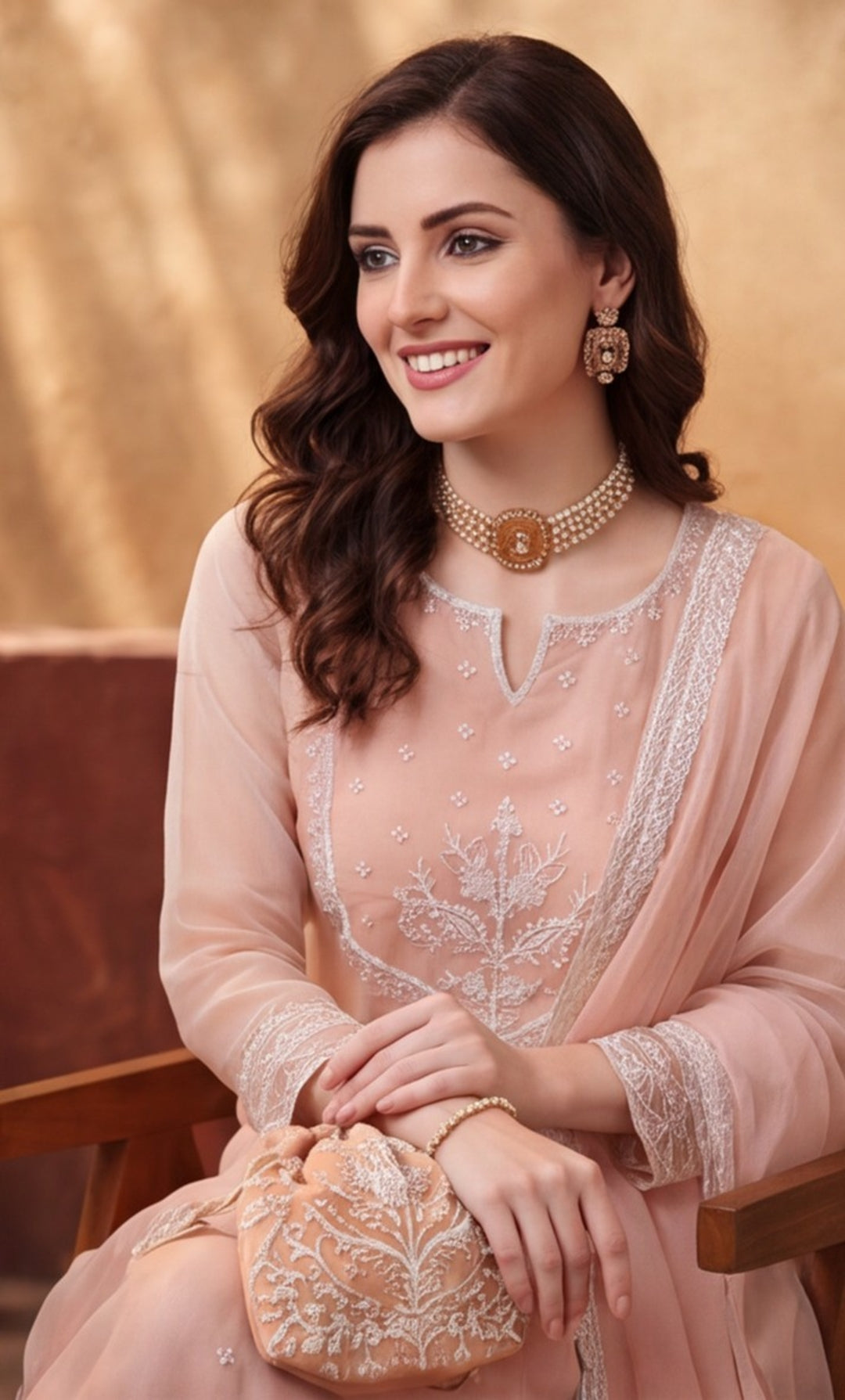 Women's Peach Embroidered Kurta Palazzo Set with Dupatta | Festive Ethnic Party Wear Suit