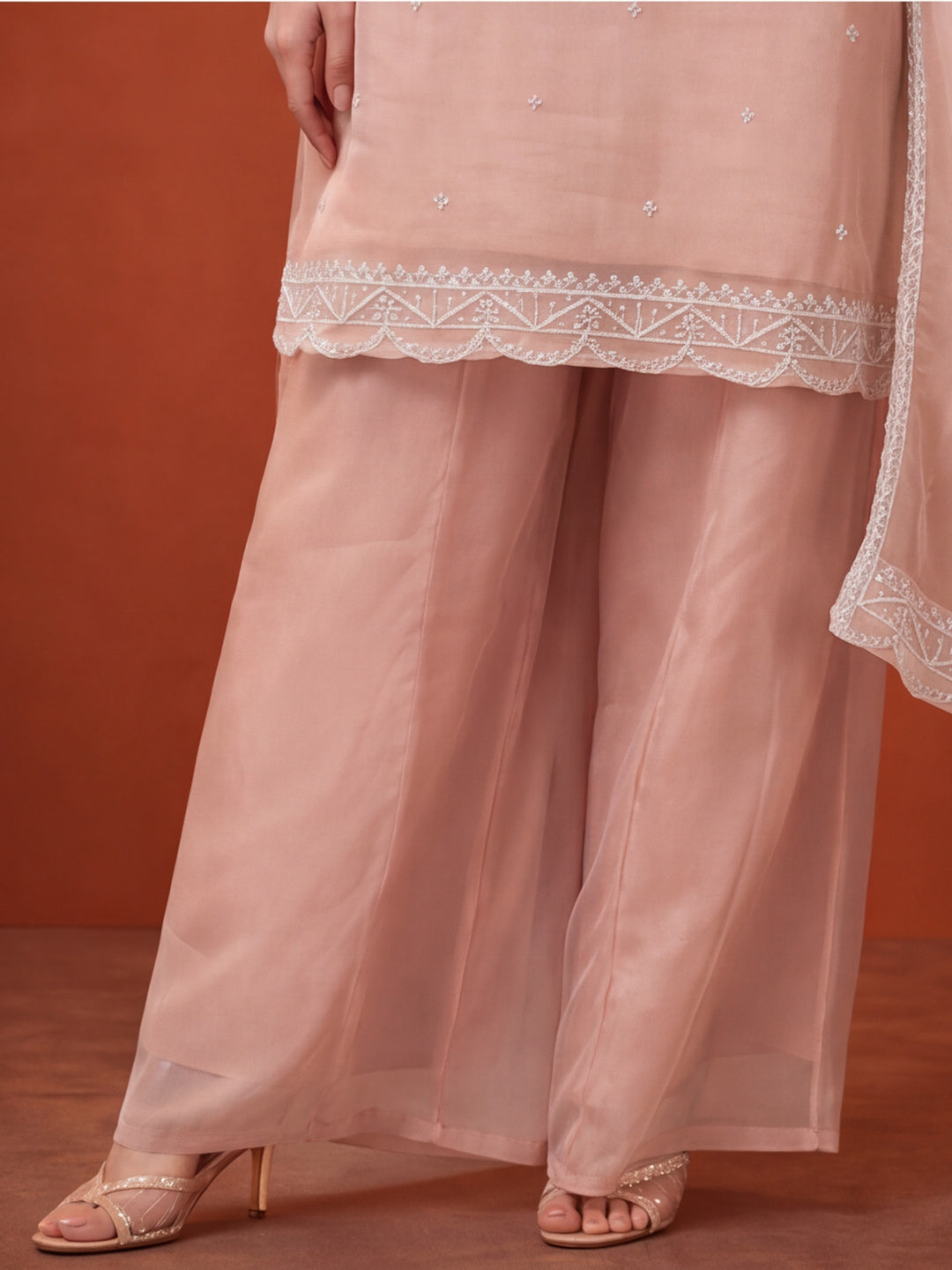 Women's Peach Embroidered Kurta Palazzo Set with Dupatta | Festive Ethnic Party Wear Suit