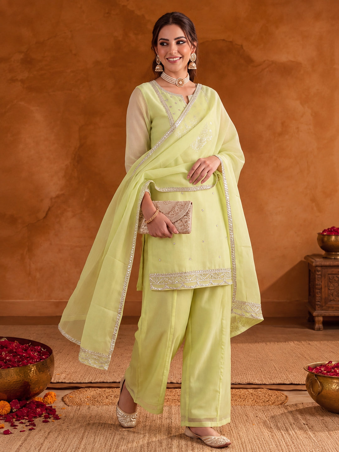 Women Embroidery Pista Green Kurta Set with Dupatta