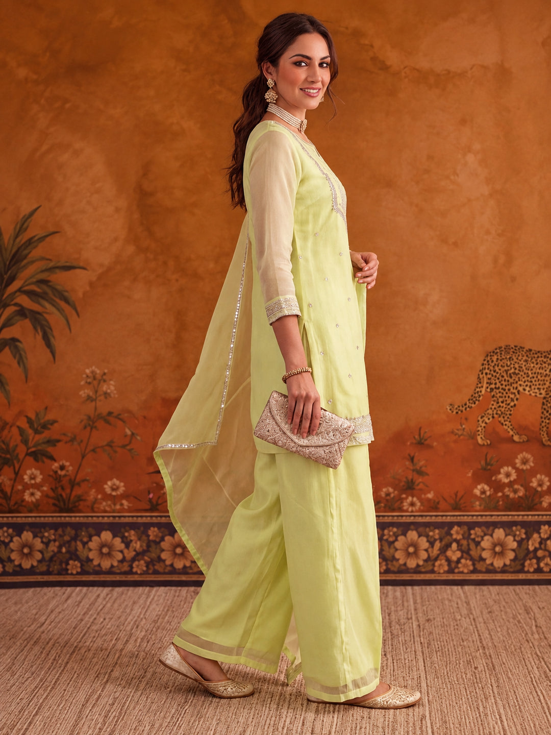 Women Embroidery Pista Green Kurta Set with Dupatta