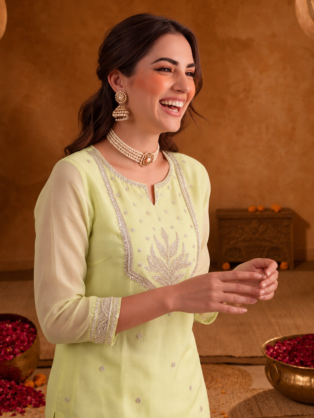 Women Embroidery Pista Green Kurta Set with Dupatta