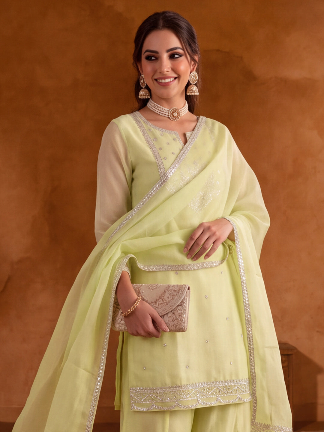 Women Embroidery Pista Green Kurta Set with Dupatta