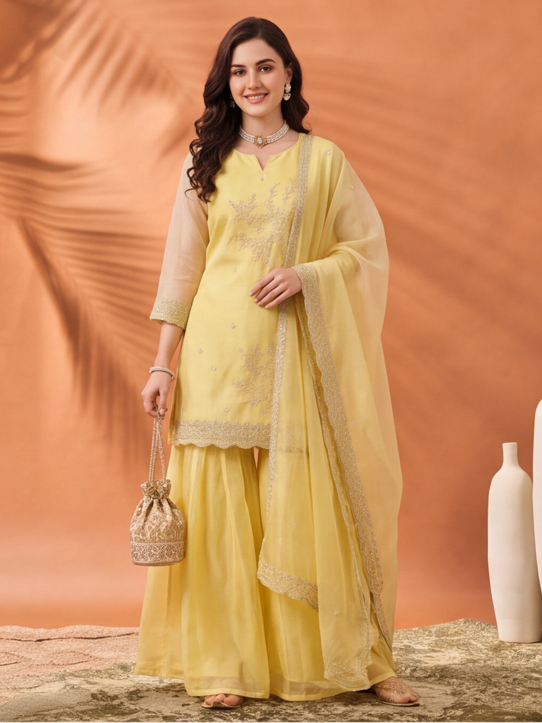 Women's Yellow Embroidered Kurta Palazzo Set with Dupatta | Festive Ethnic Party Wear Suit