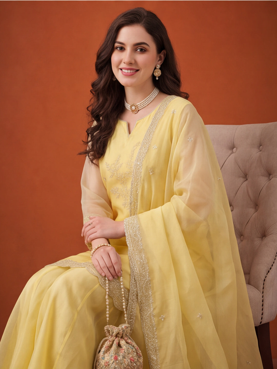 Women's Yellow Embroidered Kurta Palazzo Set with Dupatta | Festive Ethnic Party Wear Suit