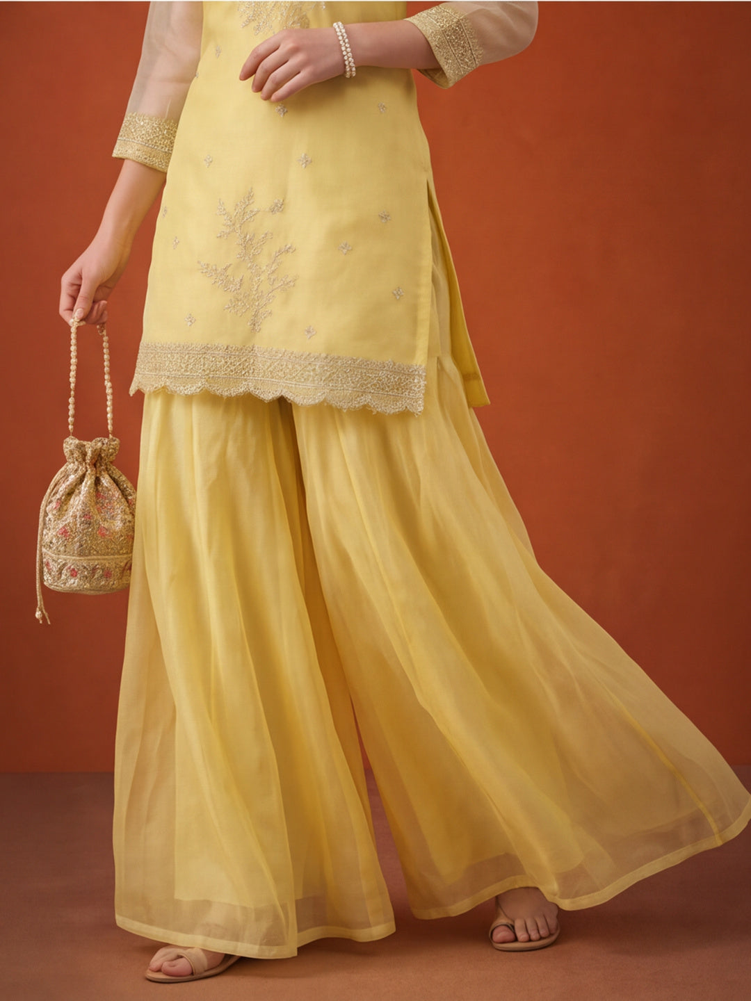 Women's Yellow Embroidered Kurta Palazzo Set with Dupatta | Festive Ethnic Party Wear Suit