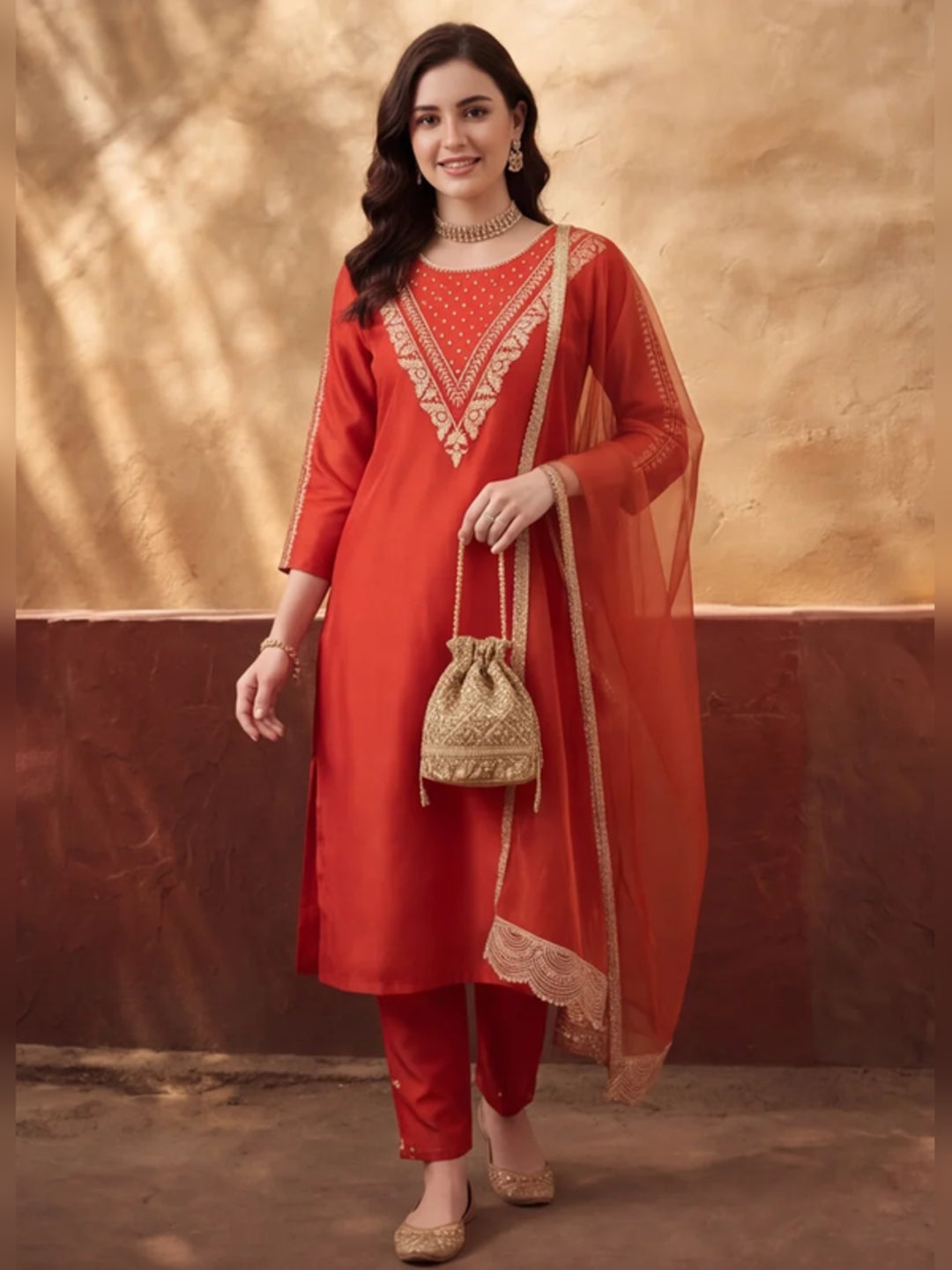Women's Orange Embroidered Kurta Set with Dupatta | Festive Straight Ethnic Party Wear Suit