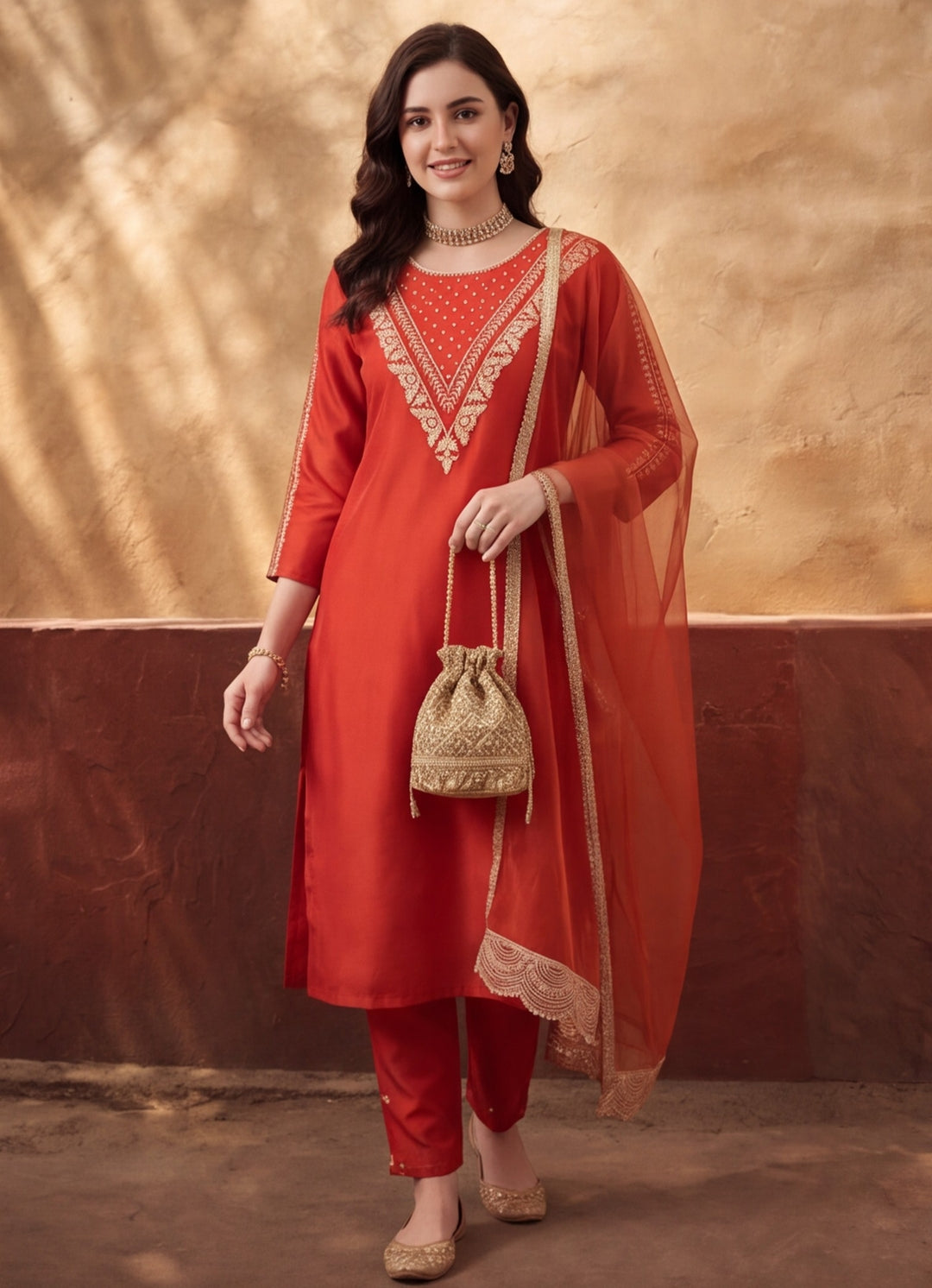 Women's Orange Embroidered Kurta Set with Dupatta | Festive Straight Ethnic Party Wear Suit