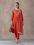 Women's Orange Embroidered Kurta Set with Dupatta | Festive Straight Ethnic Party Wear Suit
